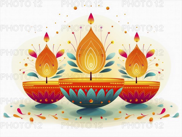 Three colorful oil lamps in detailed mandala designs with vibrant, glowing flames, AI generated