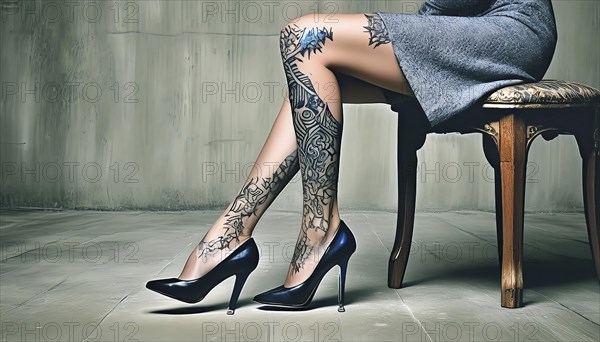 Woman sitting on a wooden chair, showing detailed tattoos on her legs in high-heeled black shoes