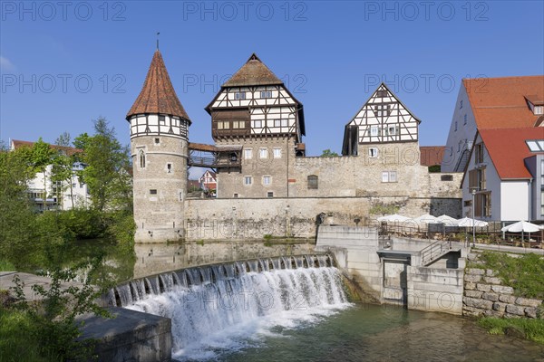 Zollernschloss Balingen on the Eyach, weir, barrage, Balingen, Baden-Wuerttemberg, Germany, Europe