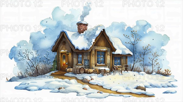 Snow-covered cottage with smoke from the chimney, cozy and serene winter scene, depicted in