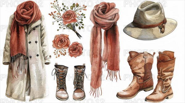 Fashionable fall clothing including a coat, scarves, boots, and a hat paired with autumn flowers in