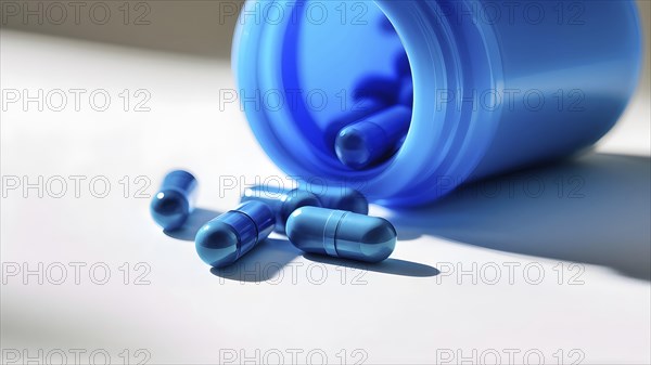 Glass bottle filled with assorted colored painkiller pills, AI generated