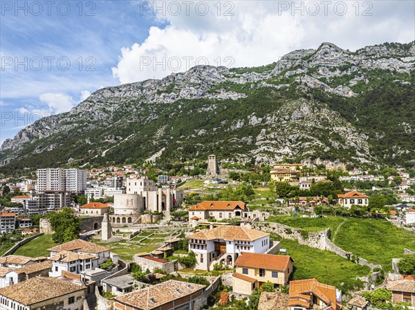 Kruje and Mount Kruje from a drone, Ishem River, Albania, Europe