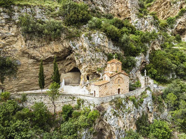 St . Michael's Church, Byzantine church in Berat from a drone, Osum River, Albania, Europe