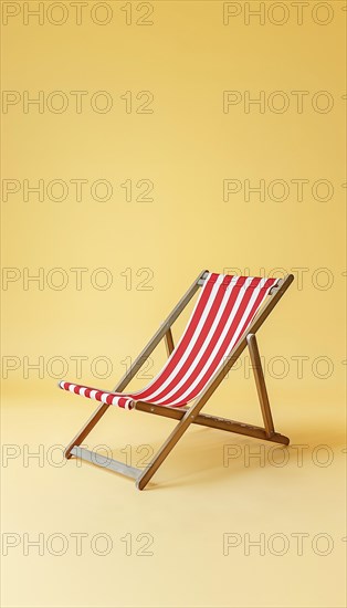 A red and white striped beach chair with wooden legs. The chair is empty and is sitting on a yellow