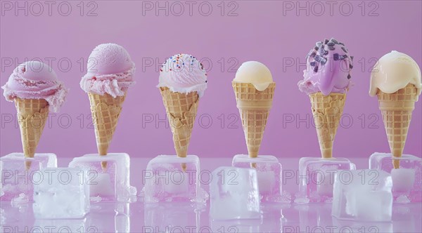 A row of ice cream cones with different flavors, AI generated