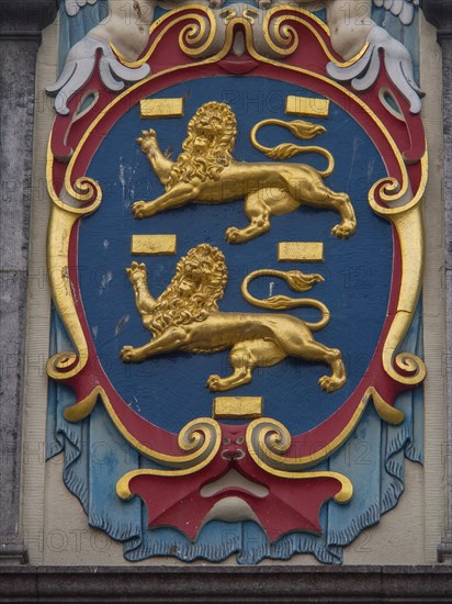 Close-up of a coat of arms with golden lions and colourful decorations, historic houses in Hoorn