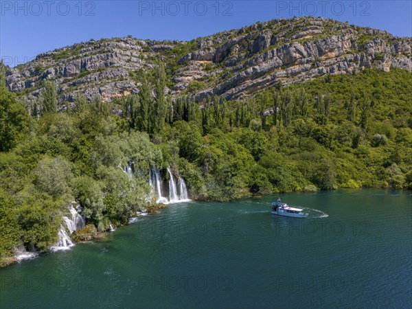 Roski Waterfall, Roski Slap, tourist boat, Krka National Park, Krka Waterfalls, Dalmatia, Croatia,