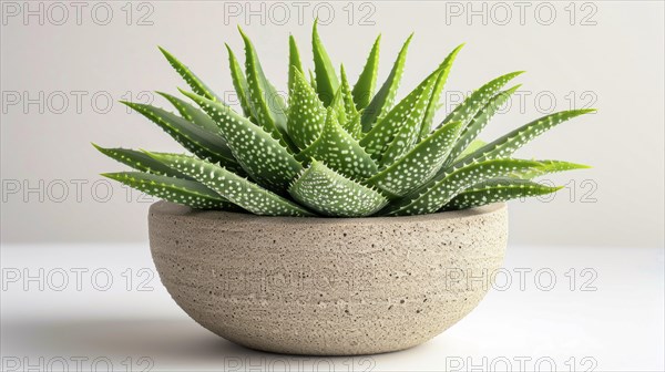 Aloe vera plant in a textured stone-like pot with a simple background, conveying simplicity and