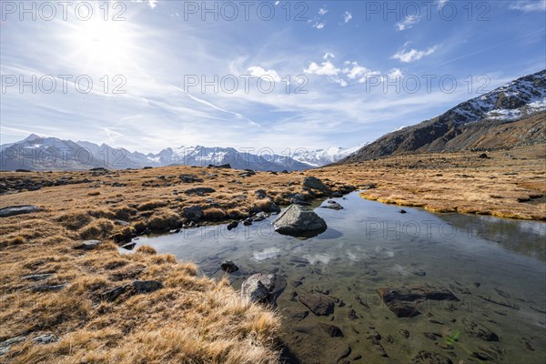 Small lake on the high plateau of the Gurgler Seenplatte, glaciated mountain peaks in the