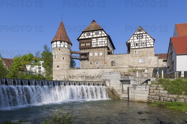 Zollernschloss Balingen on the Eyach, weir, barrage, Balingen, Baden-Wuerttemberg, Germany, Europe