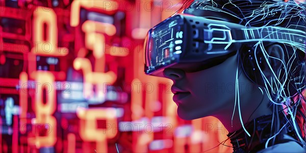 Portrait of a woman with data goggles displaying intricate streams of digital information against