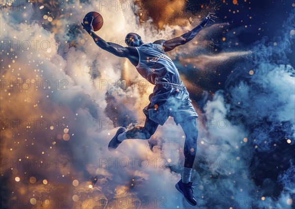 Basketball player jumping in the air with a basketball ready to slam dunk, AI generated