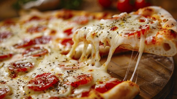 Slice of pepperoni pizza with melting cheese and herbs on a wooden board, AI generated