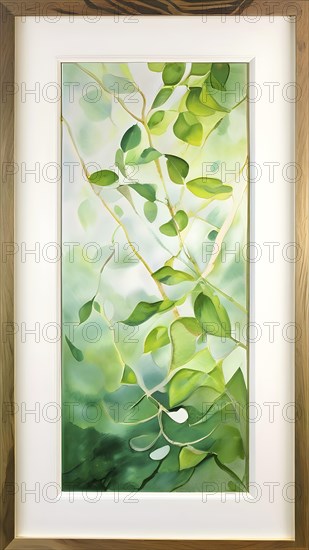 Abstract digital painting embodying sustainability with intertwining leaves glisten with water