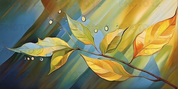 Abstract digital painting embodying sustainability with intertwining leaves glisten with water