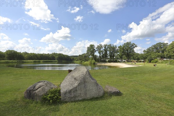 Camping Sonnensee, bathing lake with sandy beach, Versmold, North Rhine-Westphalia, Germany, Europe