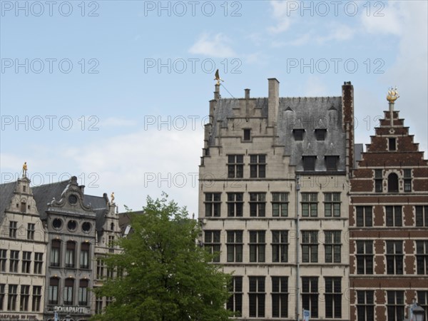 Historic buildings with different gables and a tree in front under a blue sky, Historic buildings,