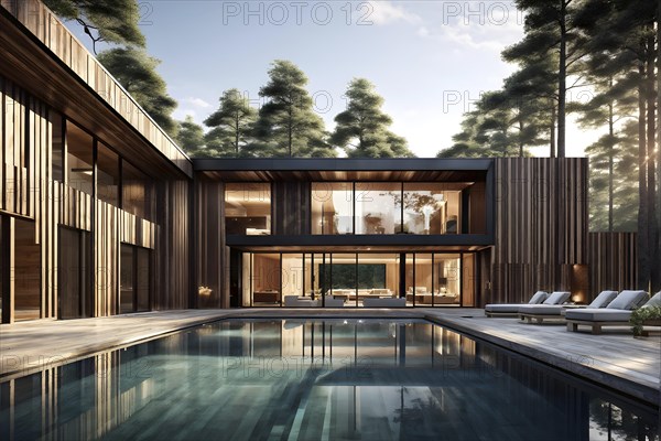 Luxurious wooden house with swimming pool reflecting the opulence of billionaires nestled in