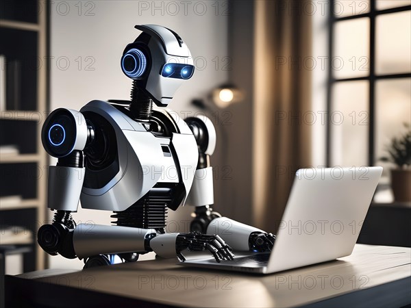 Android, robot writing on a laptop in the home office, symbolic image artificial intelligence