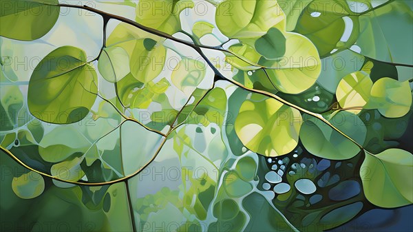 Abstract digital painting embodying sustainability with intertwining leaves glisten with water