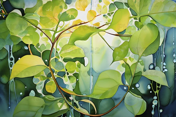 Abstract digital painting embodying sustainability with intertwining leaves glisten with water