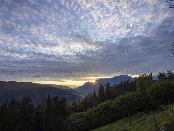 Sunset over the Eisenerz Alps, mountain massif Reiting, in the Liesingtal the village Traboch, view