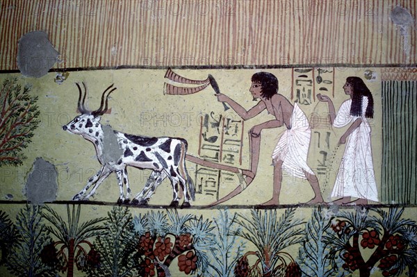 Deir el-Medina, wall painting in the tomb of Sennodjem, depiction of Sennodjem and his woman