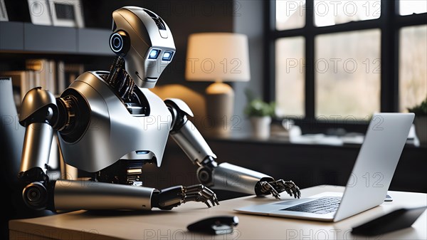 Android, robot writing on a laptop in the home office, symbolic image artificial intelligence