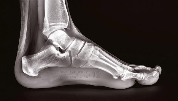 Side view of a foot, shown in an X-ray image with clearly recognisable bone structures, AI
