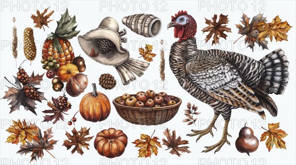 An embellished turkey amidst autumn leaves, pumpkins, a basket of apples, and harvest symbols, AI