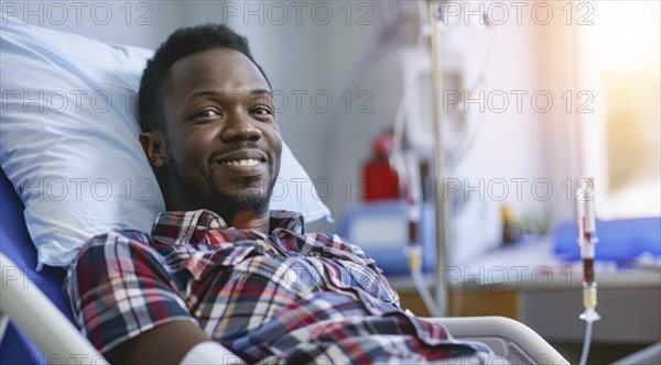 Black patient in the hospital waiting for doctor visit him and check his health status, AI