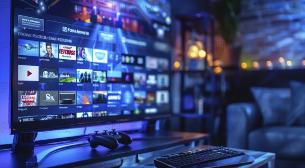 Digital streaming platform with movies and series on large TV screen, AI generated