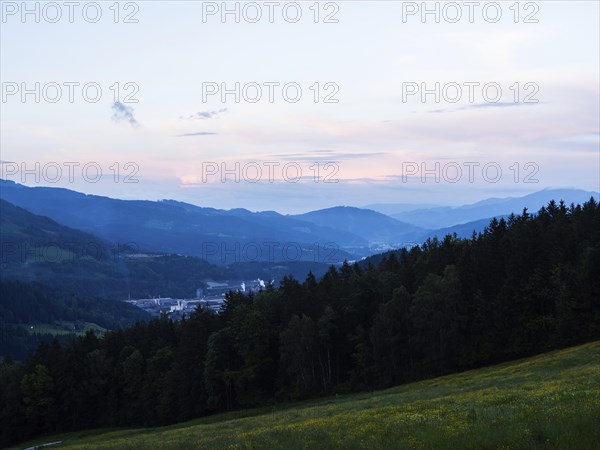 Evening atmosphere, Voest Alpine steelworks, view from the lowlands, Leoben, Styria, Austria,