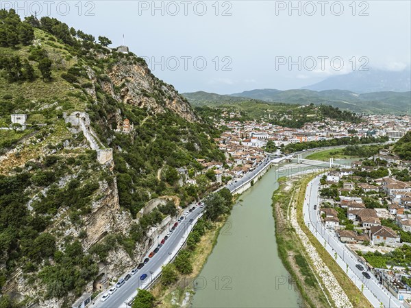 Berat from a drone, Osum River, Albania, Europe