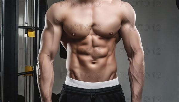 A muscular man in the gym, emphasising his abdominal and chest muscles, AI generated, AI generated