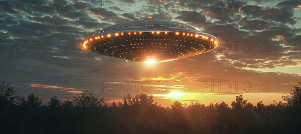 A large, glowing, alien shaped UFO saucer object is flying. UAP, Unexplained Aerial Phenomena, AI