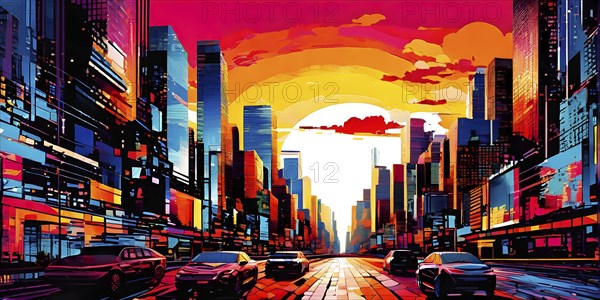 Urban cityscape collage featuring a mosaic of vibrant colors, AI generated