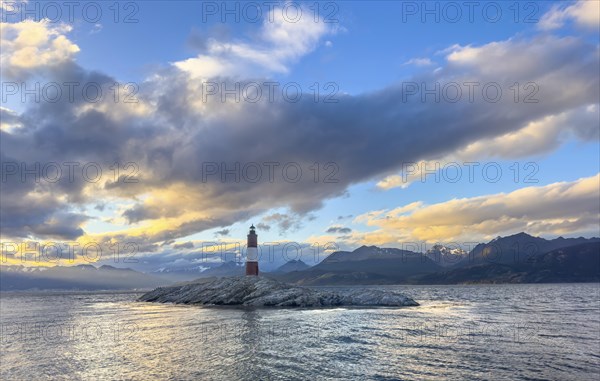 Lighthouse Faro Les Eclaireurs at sunset, dramatic clouds, Beagle Channel, Tierra del Fuego, Tierra