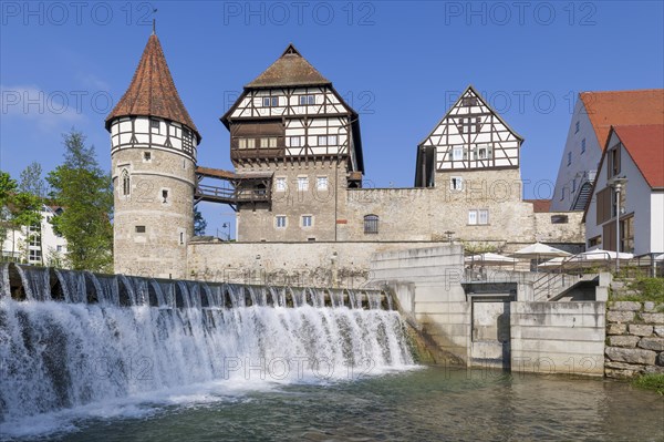 Zollernschloss Balingen on the Eyach, weir, barrage, Balingen, Baden-Wuerttemberg, Germany, Europe