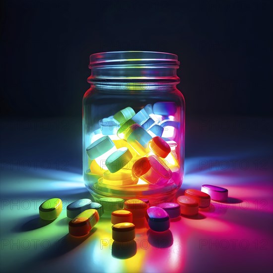 Glass bottle filled with assorted colored painkiller pills, AI generated