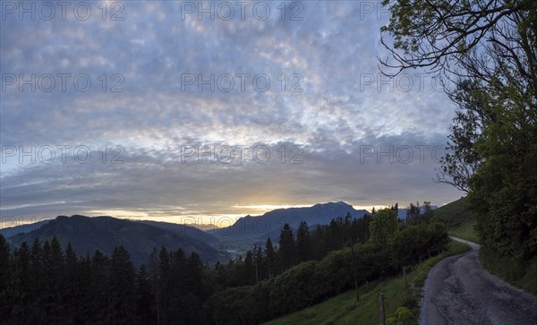 Sunset over the Eisenerz Alps, mountain massif Reiting, in the Liesingtal the village Traboch,
