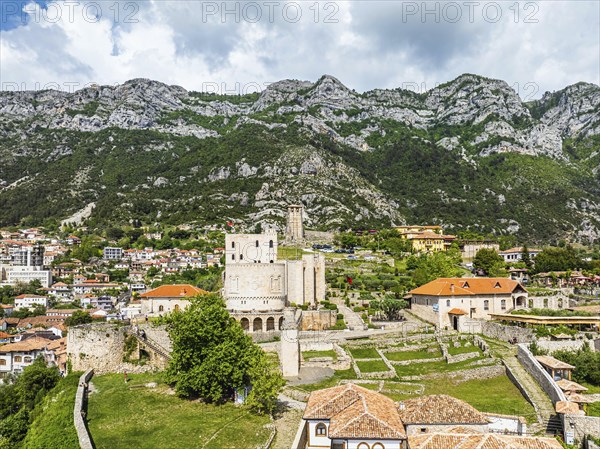 Kruje and Mount Kruje from a drone, Ishem River, Albania, Europe