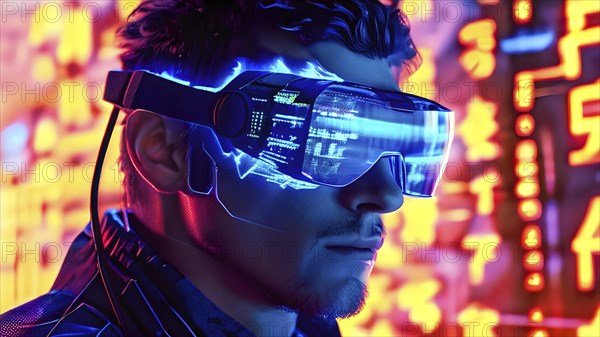 Portrait of a man with data goggles displaying intricate streams of digital information against