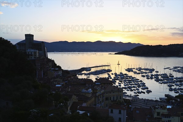 Panorama of evening Lerici at sunset, Ligurian sea, Liguria, Italy, Europe