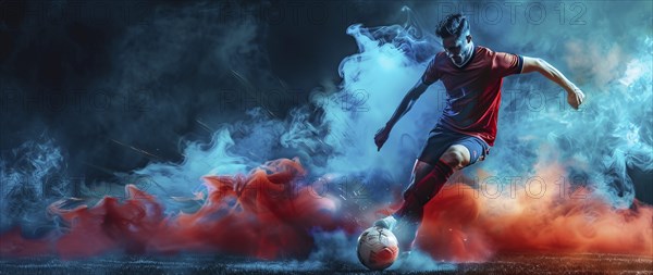 Soccer football forward player jumping and attacking the field for goal, AI generated