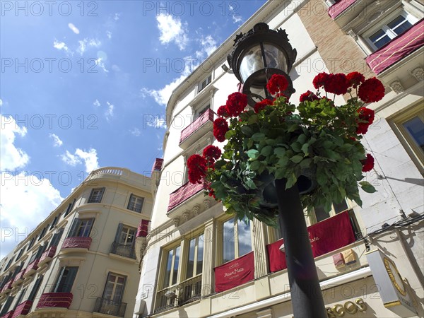 Street lamp with red flowers in front of buildings with balconies and shutters, under blue sky with