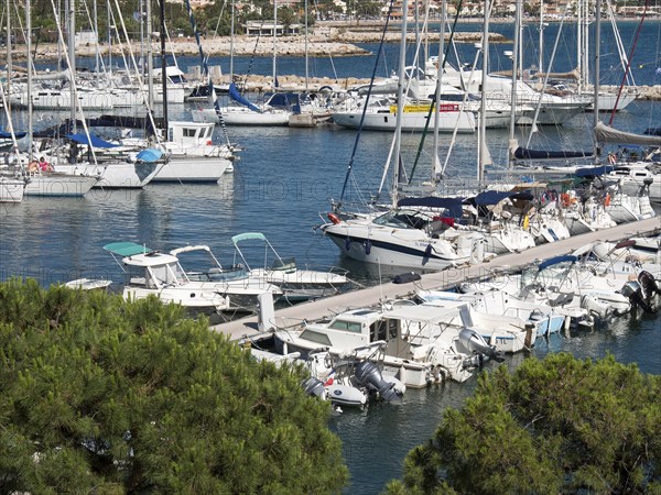 Full marina with many sailing boats and motorboats at the jetty, la seyne sur mer on the