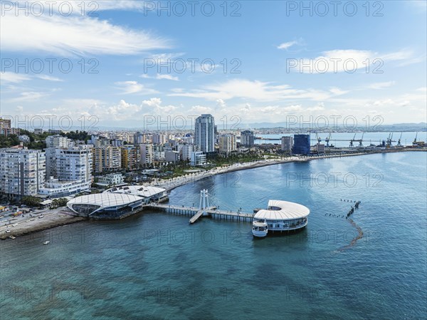 Pier and Promenade in Durres from a drone, Adriatic Sea, Albania, Europe