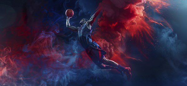 Basketball player jumping in the air with a basketball ready to slam dunk, AI generated